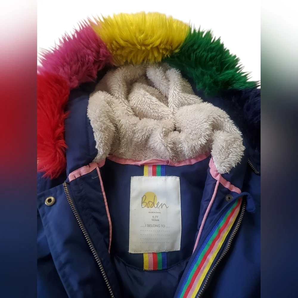Kids Boden Navy Coat with Multicolor Fur Hood Size 6-7